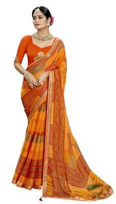 Orange printed chiffon saree with blouse 1