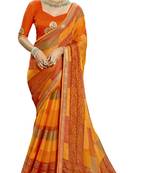 Orange printed chiffon saree with blouse