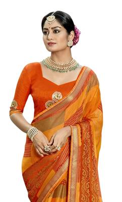 Orange printed chiffon saree with blouse 2