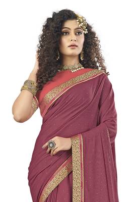 Violet embroidered lycra saree with blouse 2