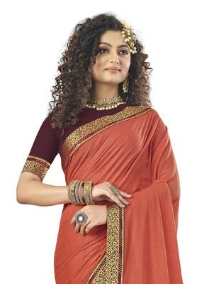 Orange embroidered lycra saree with blouse 2