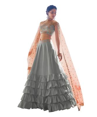 Brown Colour Strech Jersy Layered Lehenga with Matching Net Cutwork Dupatta Paired with Same Colour Satin Silk Blouse 3