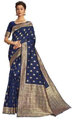 Navy blue woven poly silk saree with blouse 1