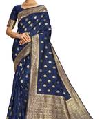 Navy blue woven poly silk saree with blouse