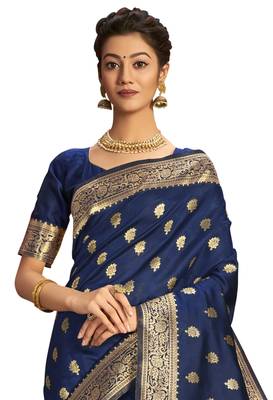 Navy blue woven poly silk saree with blouse 2