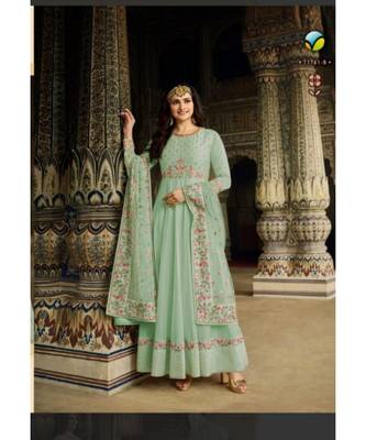 turquoise embroidered silk semi stitched salwar 1