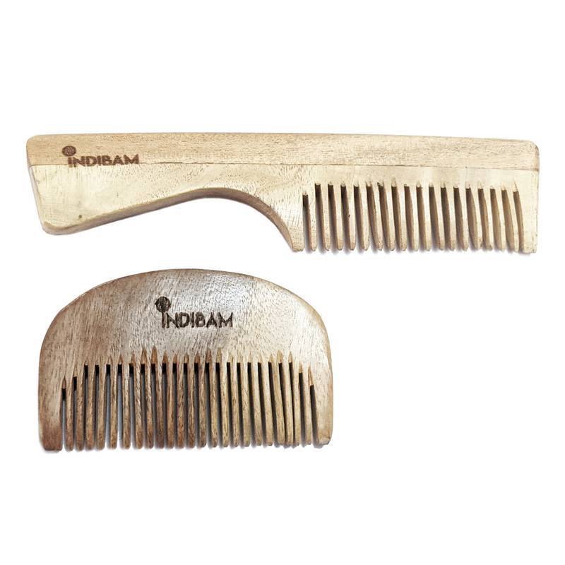 INDIBAM Premium Unisex Neem Wood Combs PACK OF 2. Neemwood Comb with handle.