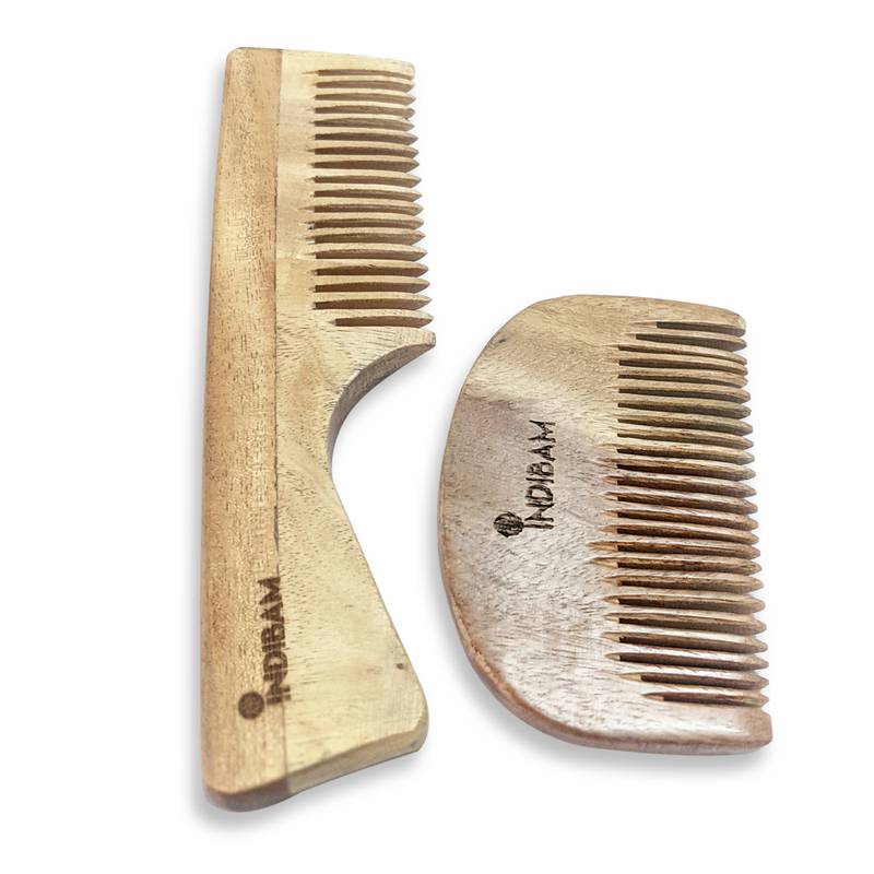 INDIBAM Premium Unisex Neem Wood Combs PACK OF 2. Neemwood Comb with handle.