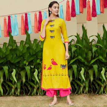 Yellow printed rayon kurtis 1