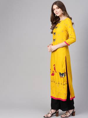 Yellow printed rayon kurtis 3