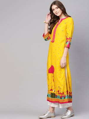 Yellow printed rayon kurtis 1