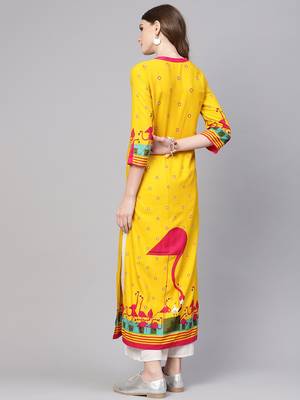 Yellow printed rayon kurtis 2