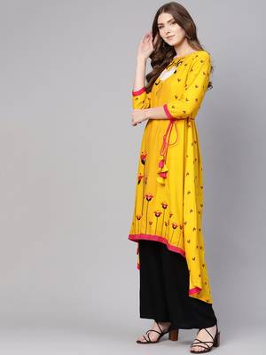 Yellow printed rayon kurtis 1