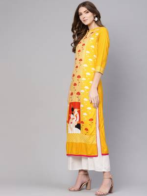 Yellow printed rayon kurtis 1