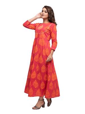 KAAJH Red Printed Cotton Anarkali Kurta 3