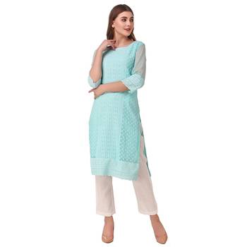 Turquoise embroidered georgette chikankari-kurtis 1