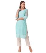 Turquoise embroidered georgette chikankari-kurtis