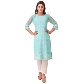 Turquoise embroidered georgette chikankari-kurtis 3