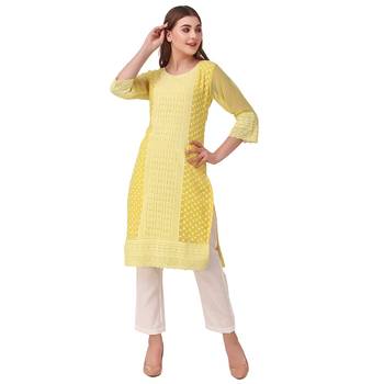Yellow embroidered georgette chikankari-kurtis 1