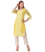 Yellow embroidered georgette chikankari-kurtis