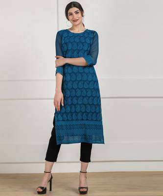 Blue embroidered georgette chikankari-kurtis 1