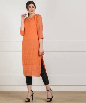 Orange embroidered georgette chikankari-kurtis 3