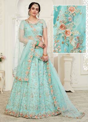 Sky-blue embroidered net semi stitched lehenga 1