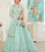 Sky-blue embroidered net semi stitched lehenga