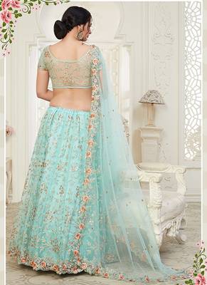 Sky-blue embroidered net semi stitched lehenga 2