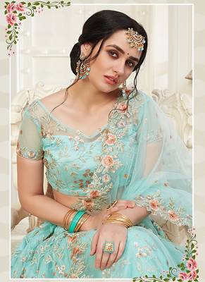 Sky-blue embroidered net semi stitched lehenga 3