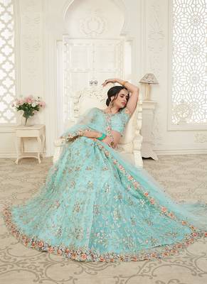 Sky-blue embroidered net semi stitched lehenga 4