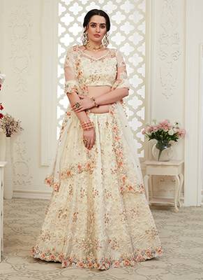 Off-white embroidered net semi stitched lehenga 1