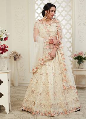 Off-white embroidered net semi stitched lehenga 3