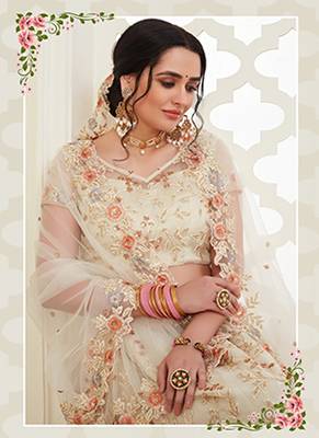 Off-white embroidered net semi stitched lehenga 4