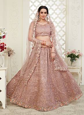 Mauve embroidered net semi stitched lehenga 1