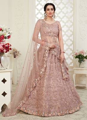 Mauve embroidered net semi stitched lehenga 2