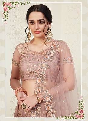 Mauve embroidered net semi stitched lehenga 4