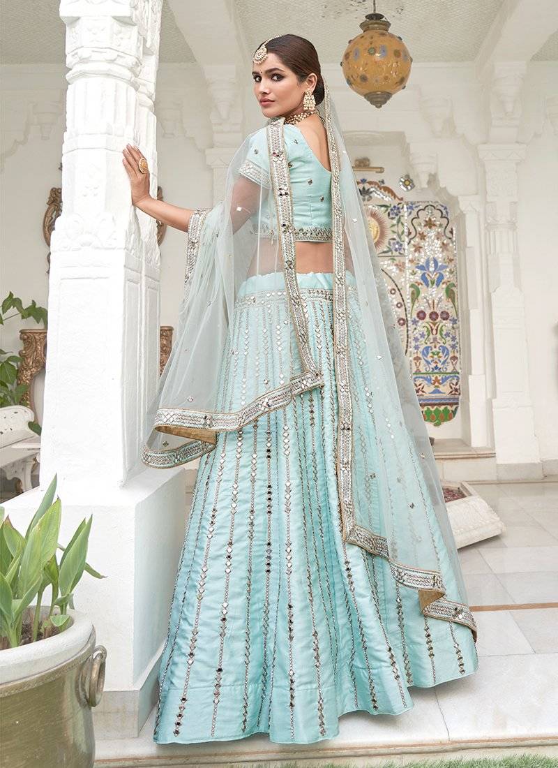 Zircon Embellished Sky Blue Lehenga with Resham Embroidered Paisleys