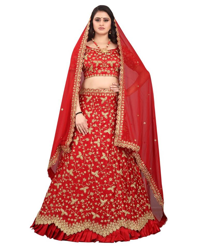 Maroon Colored Party Wear Designer Embroidered Malay Satin Silk Lehenga Choli Mishree Trendz 3506449