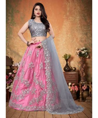 Silver and Pink Colored Partywear Designer Embroidered Net with silk Lehenga Choli 1