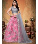 Silver and Pink Colored Partywear Designer Embroidered Net with silk Lehenga Choli