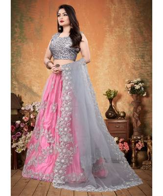 Silver and Pink Colored Partywear Designer Embroidered Net with silk Lehenga Choli 2