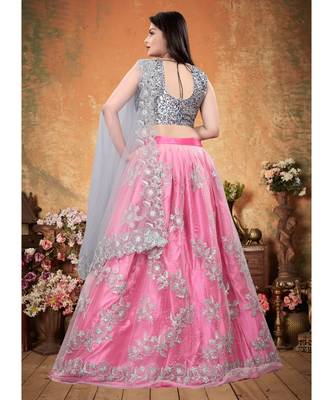 Silver and Pink Colored Partywear Designer Embroidered Net with silk Lehenga Choli 3