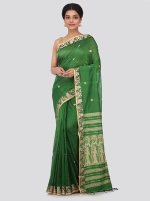 Green hand woven pure cotton saree with blouse 1