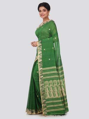 Green hand woven pure cotton saree with blouse 2