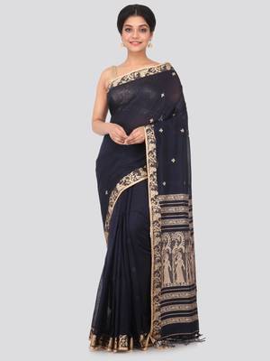 Black hand woven pure cotton saree with blouse 1