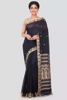 Black hand woven pure cotton saree with blouse