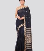 Black hand woven pure cotton saree with blouse