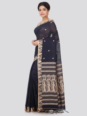 Black hand woven pure cotton saree with blouse 2