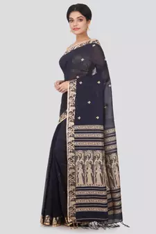 Black hand woven pure cotton saree with blouse